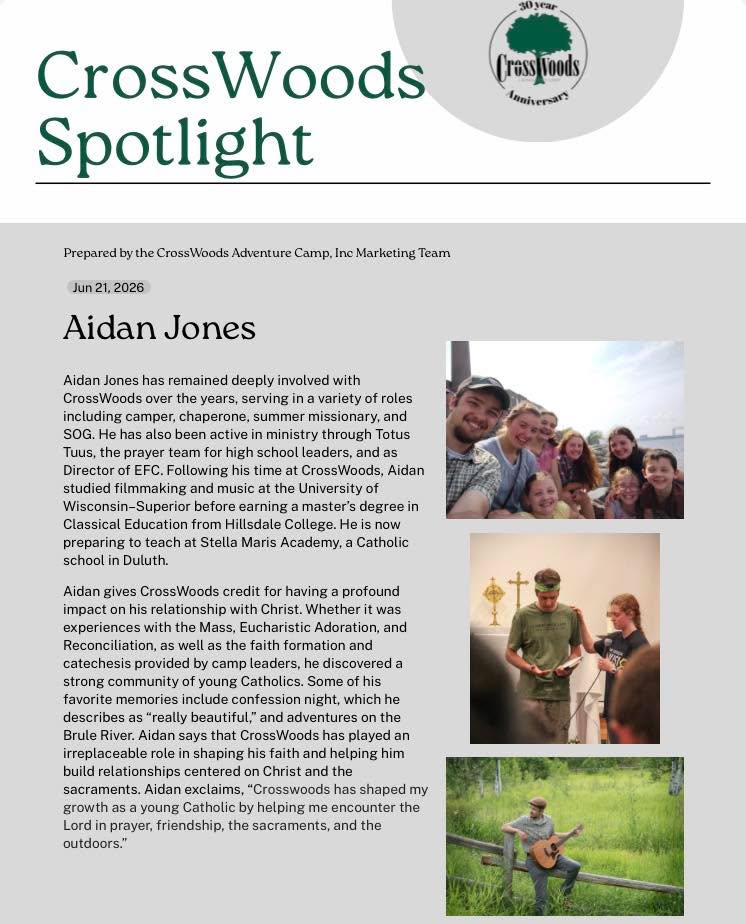 CrossWoods Spotlight: Take a moment to explore Aidan’s commitment to fostering leadership in the Church.