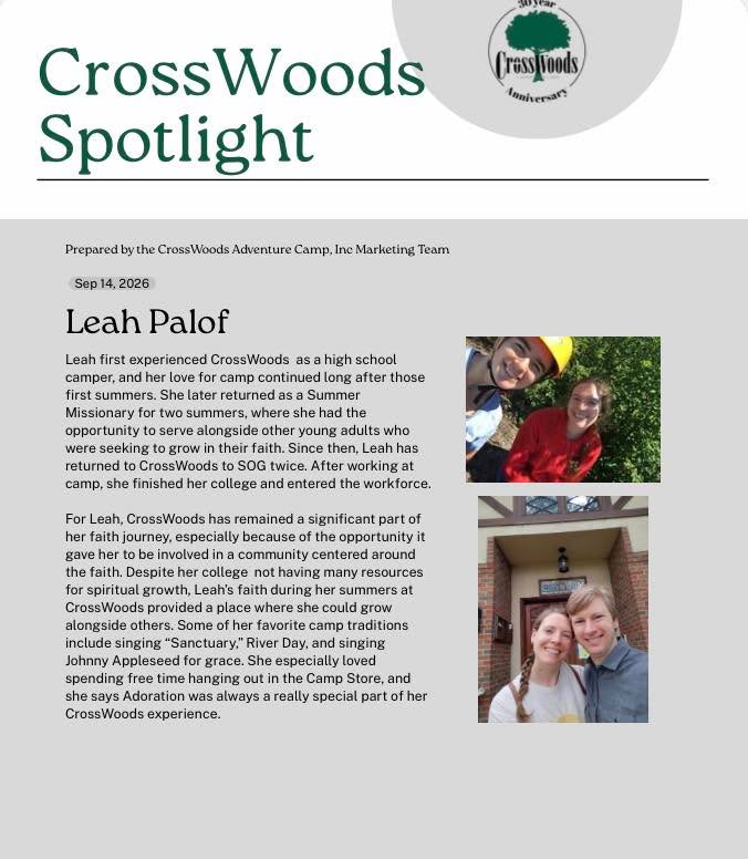 CrossWoods Spotlight: Take a second to explore Leah’s commitment to service and leadership in the Church.